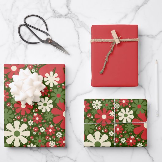 Retro Kerstmis Floral Fantasy Pattern Green Inpakpapier Vel (Voorkant)