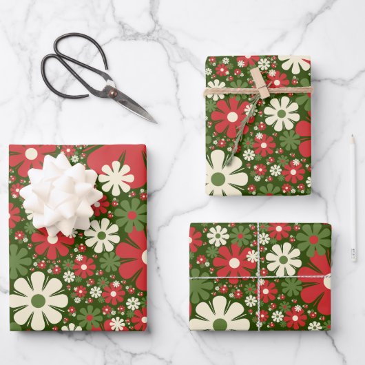 Retro Kerstmis Floral Fantasy Pattern Green Inpakpapier Vel (Voorkant)