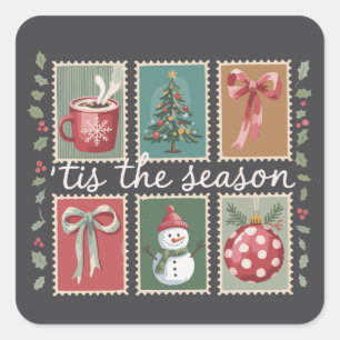 Retro Kerstmis Het Is Het Seizoen Knus Winter Kers Vierkante Sticker