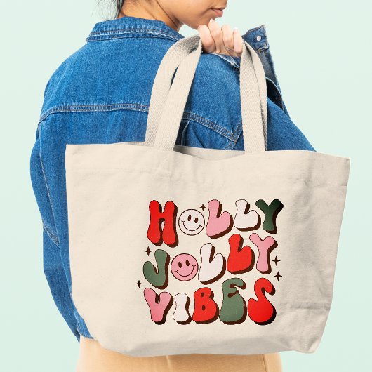 Retro Kerstmis Holly Jolly Vibes Trendy Feestdagen Grote Tote Bag