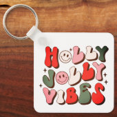 Retro Kerstmis Holly Jolly Vibes Trendy Feestdagen Sleutelhanger (Voorkant)