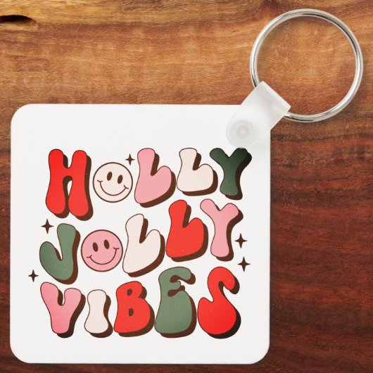 Retro Kerstmis Holly Jolly Vibes Trendy Feestdagen Sleutelhanger (Achterkant)