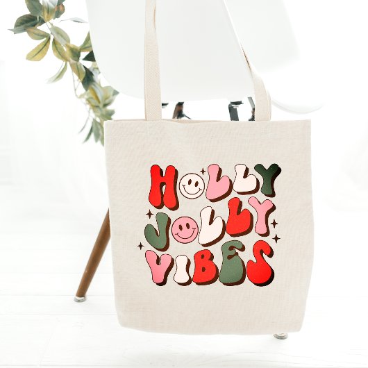 Retro Kerstmis Holly Jolly Vibes Trendy Feestdagen Tote Bag