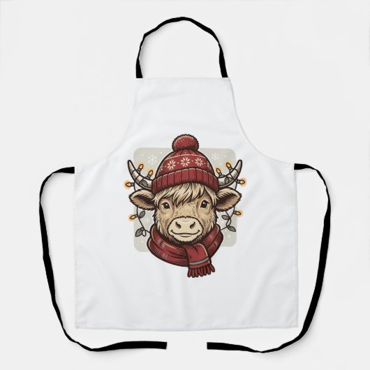 Retro Kerstmis Hoogland Koe Vector T-shirt Ontwerp Schort (Voorkant)