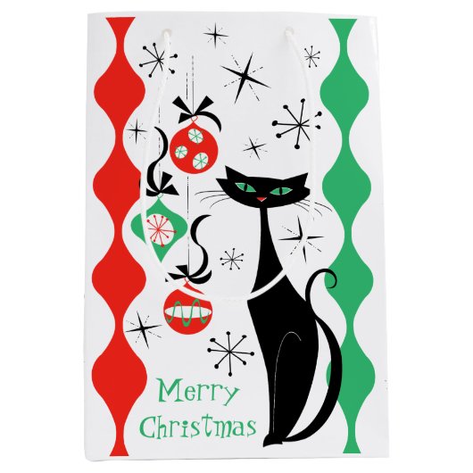 Retro Kerstmis Kat Streep Prettig Kerstfeest Medium Cadeauzakje (Voorkant)