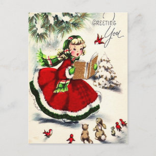 Retro Kerstmis Klein Meisje dat Konijnen laat Zing Briefkaart
