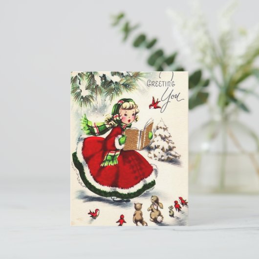 Retro Kerstmis klein meisje die Bunnies zingt Briefkaart (Staand voorkant)