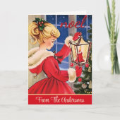 Retro Kerstmis Meisje in Pony Staart Custom Feestdagen Kaart (Voorkant)