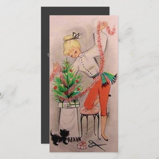 Retro Kerstmis Meisje Trimming Tree Custom Feestdagenkaart (Voorkant / Achterkant)