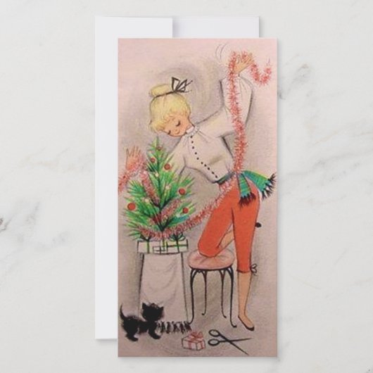 Retro Kerstmis Meisje Trimming Tree Custom Feestdagenkaart (Voorkant)
