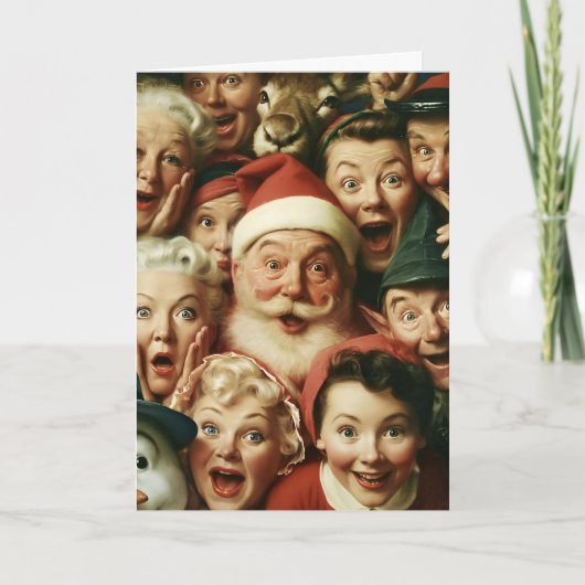Retro Kerstmis Menigte met Kerstman Kaart (Voorkant)