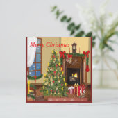 Retro Kerstmis met boomcadeaus in de open haard Kaart (Staand voorkant)