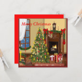 Retro Kerstmis met boomcadeaus in de open haard Kaart (Voorkant / Achterkant in situ)