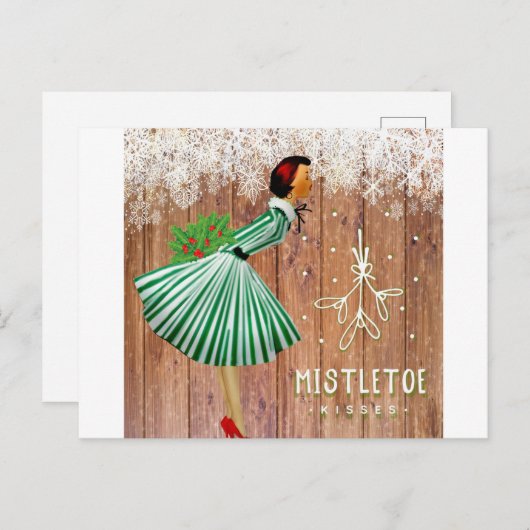 Retro Kerstmis Mistletoe Kisses Holiday Briefkaart (Voorkant / Achterkant)