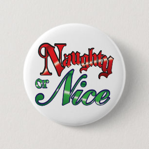 Retro Kerstmis, Naughty of Nice Red Green Letters Ronde Button 5,7 Cm