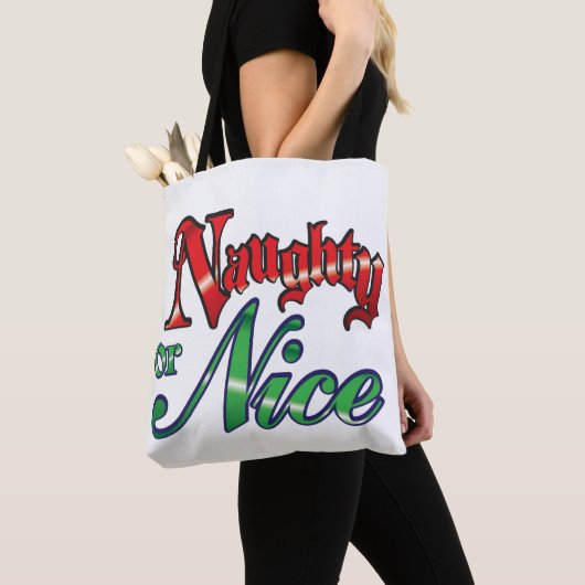 Retro Kerstmis, Naughty of Nice Red Green Letters Tote Bag (Dichtbij)
