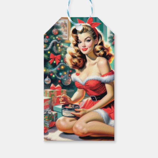 Retro kerstmis omhoog cadeaulabel (Voorkant)