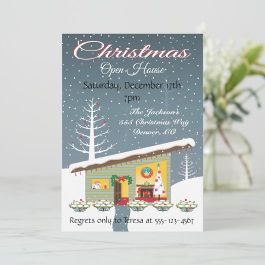 Retro Kerstmis Open House Uitnodigingen (Staand voorkant)