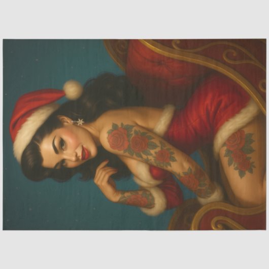 Retro Kerstmis Pin-Up in rode slee • Retro Tissuepapier (Voorkant)