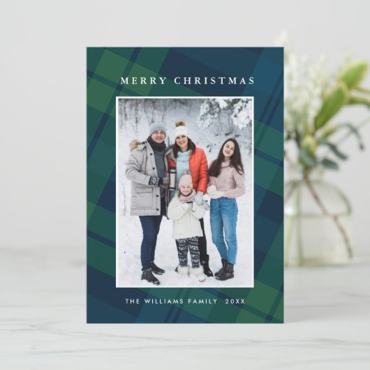 Retro Kerstmis Plaid 2 Foto Groet Feestdagenkaart (Staand voorkant)
