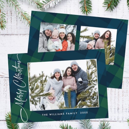 Retro Kerstmis Plaid 3 Foto Groet Feestdagenkaart