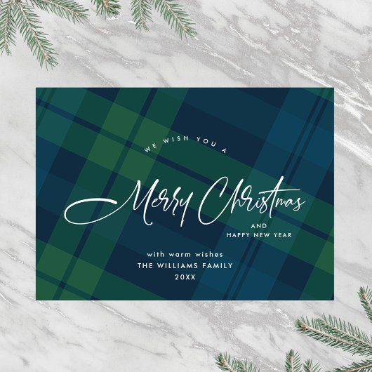 Retro Kerstmis Plaid Groen Blauw Groet Feestdagenkaart