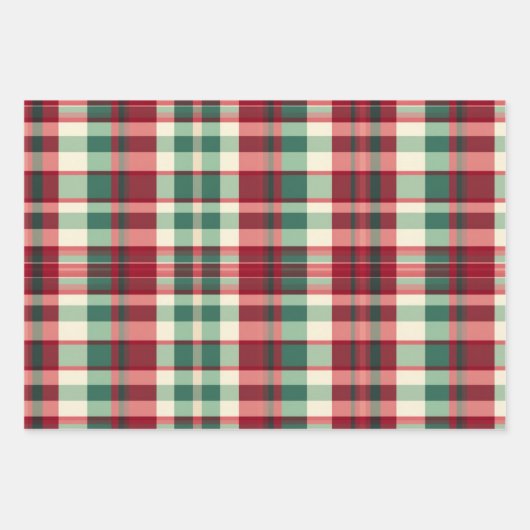 Retro Kerstmis Plaid in Rode Crème en Groen Inpakpapier Vel (Voorkant)