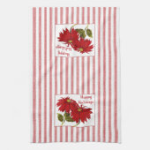 Retro Kerstmis Poinsettia rode en witte streep Theedoek (Verticaal)