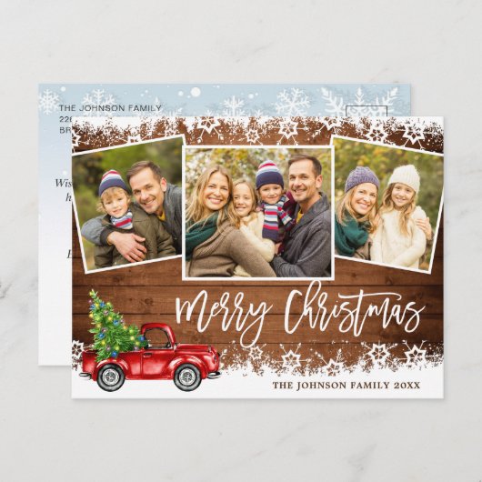 Retro Kerstmis Red Truck 3 PHOTO Greeting Holiday Briefkaart (Voorkant / Achterkant)