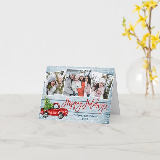 Retro Kerstmis Red Truck 3 PHOTO Greeting Holiday Kaart (Gele Bloem)