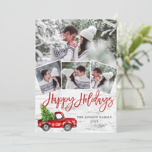 Retro Kerstmis Red Truck Rustic Birch Bark PHOTO Feestdagenkaart (Staand voorkant)