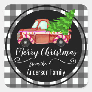 Retro Kerstmis Rode Truck Familie Naam Vierkante Sticker