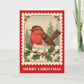 Retro Kerstmis Roodborst Postzegel Feestdagen Kaart (Voorkant)