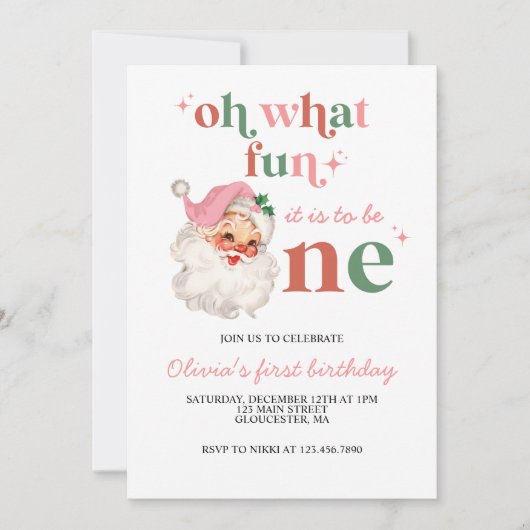 Retro Kerstmis roze kerstman eerste verjaardag Kaart (Voorkant)