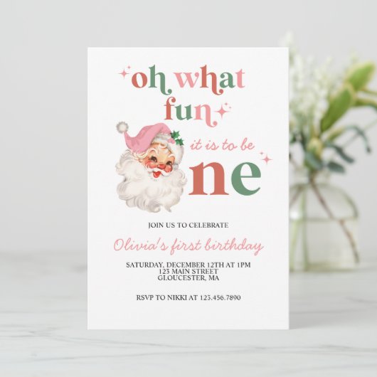 Retro Kerstmis roze kerstman eerste verjaardag Kaart (Staand voorkant)