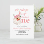 Retro Kerstmis roze Kerstman Eerste Verjaardag Kaart (Staand voorkant)