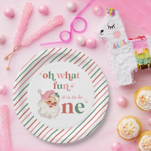 Retro Kerstmis roze Kerstman Eerste Verjaardag Papieren Bordje (Feest)