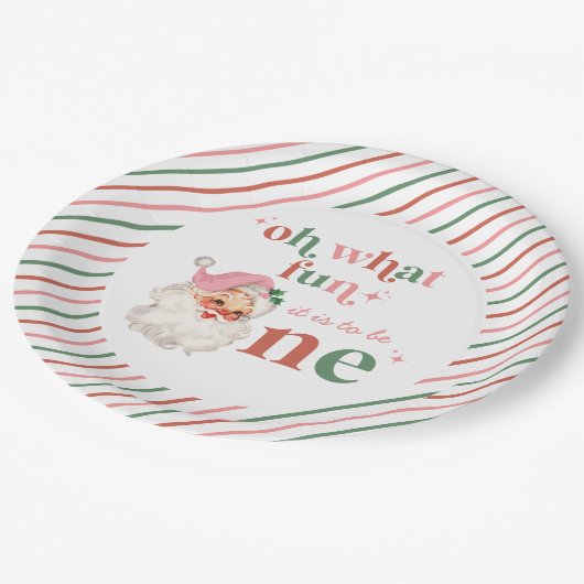 Retro Kerstmis roze Kerstman Eerste Verjaardag Papieren Bordje (Gekanteld)