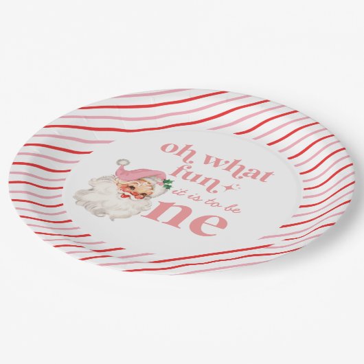 Retro Kerstmis roze Kerstman Eerste Verjaardag Papieren Bordje (Gekanteld)