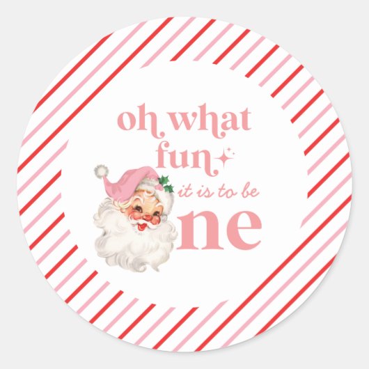 Retro Kerstmis roze Kerstman Eerste Verjaardag Ronde Sticker (Voorkant)