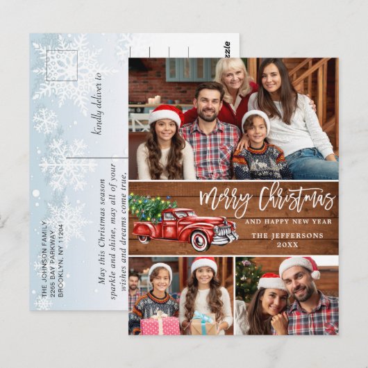 Retro Kerstmis Rustic 3 PHOTO Greep Briefkaart (Voorkant / Achterkant)