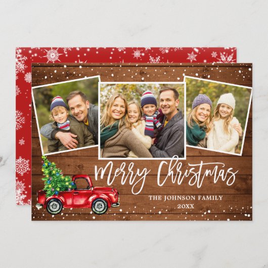 Retro Kerstmis Rustic 3 PHOTO Greep Feestdagenkaart (Voorkant / Achterkant)