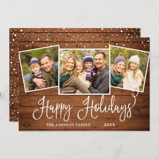 Retro Kerstmis Rustic 3 PHOTO Greep Feestdagenkaart (Voorkant / Achterkant)
