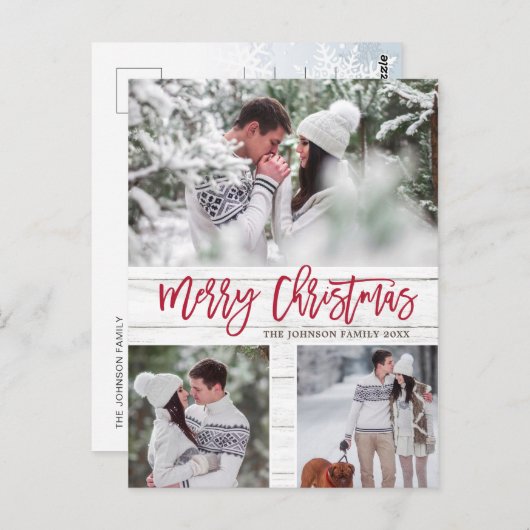 Retro Kerstmis Rustic 3 PHOTO Greeting Holiday Briefkaart (Voorkant / Achterkant)