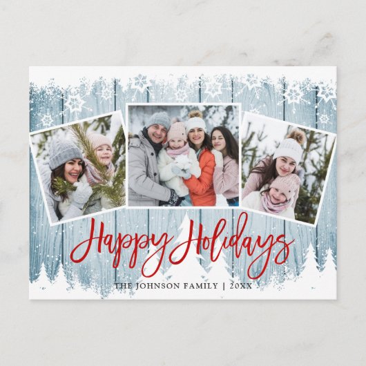 Retro Kerstmis Rustic 3 PHOTO Greeting Holiday Briefkaart (Voorkant)