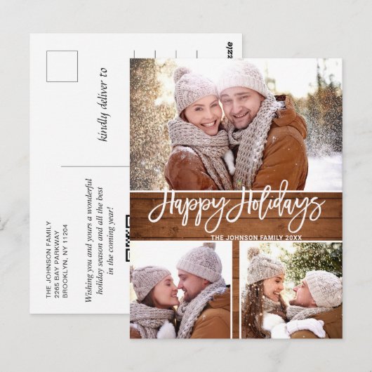 Retro Kerstmis Rustic 3 PHOTO Greeting Holiday Briefkaart (Voorkant / Achterkant)