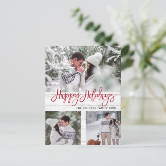 Retro Kerstmis Rustic 3 PHOTO Greeting Holiday Briefkaart (Staand voorkant)