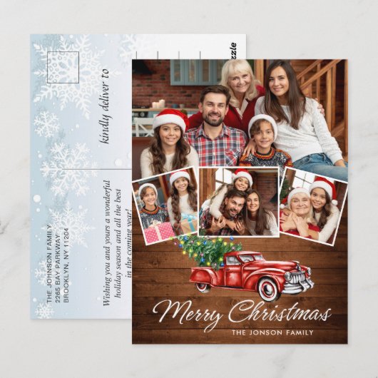 Retro Kerstmis Rustic 4 PHOTO Greep Briefkaart (Voorkant / Achterkant)