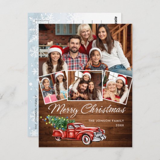 Retro Kerstmis Rustic 4 PHOTO Greep Briefkaart (Voorkant / Achterkant)