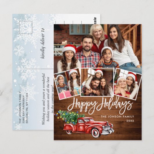 Retro Kerstmis Rustic 4 PHOTO Greep Briefkaart (Voorkant / Achterkant)